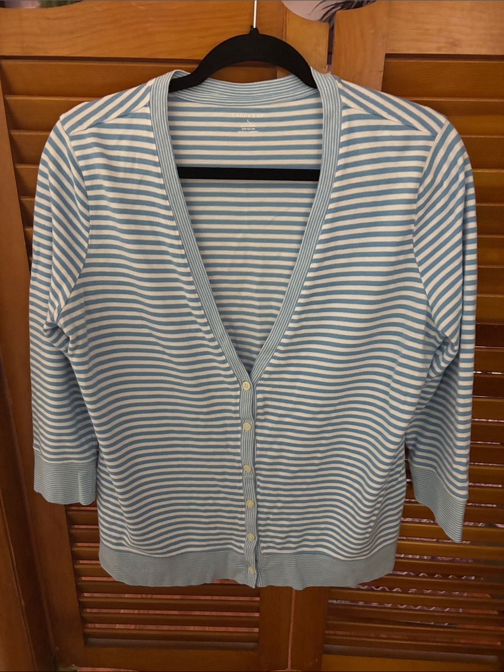 Lands' End Light Blue and White Striped V-Neck Cardigan